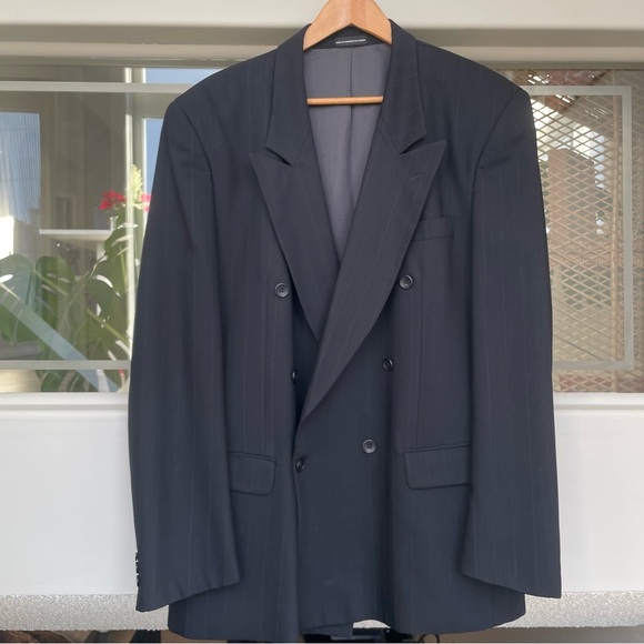 Oscar de la Renta Other - Vintage OSCAR DE LA RENTA Black Pinstripe Wool Blazer Double Breasted 44 Tall